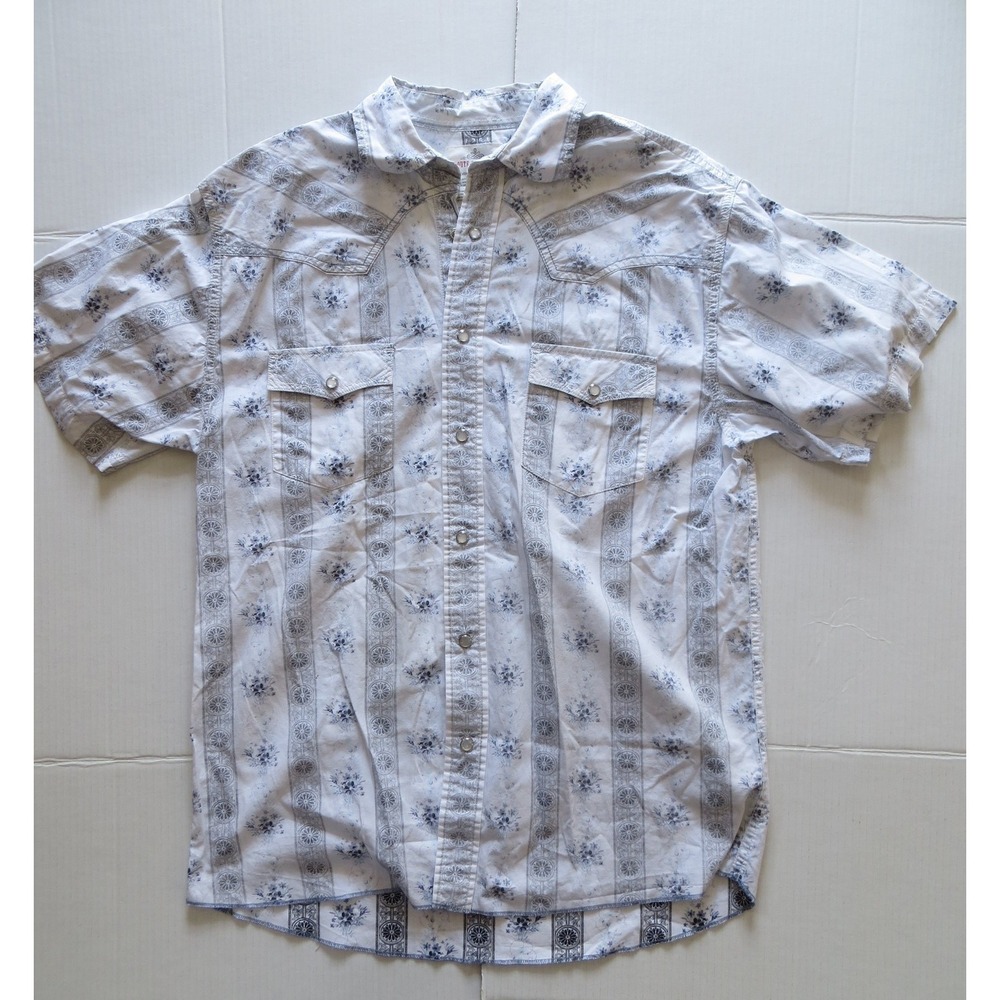 Route Sixty Six Shirt Mens Medium White Blue Western Pearl Snap Floral Cotton